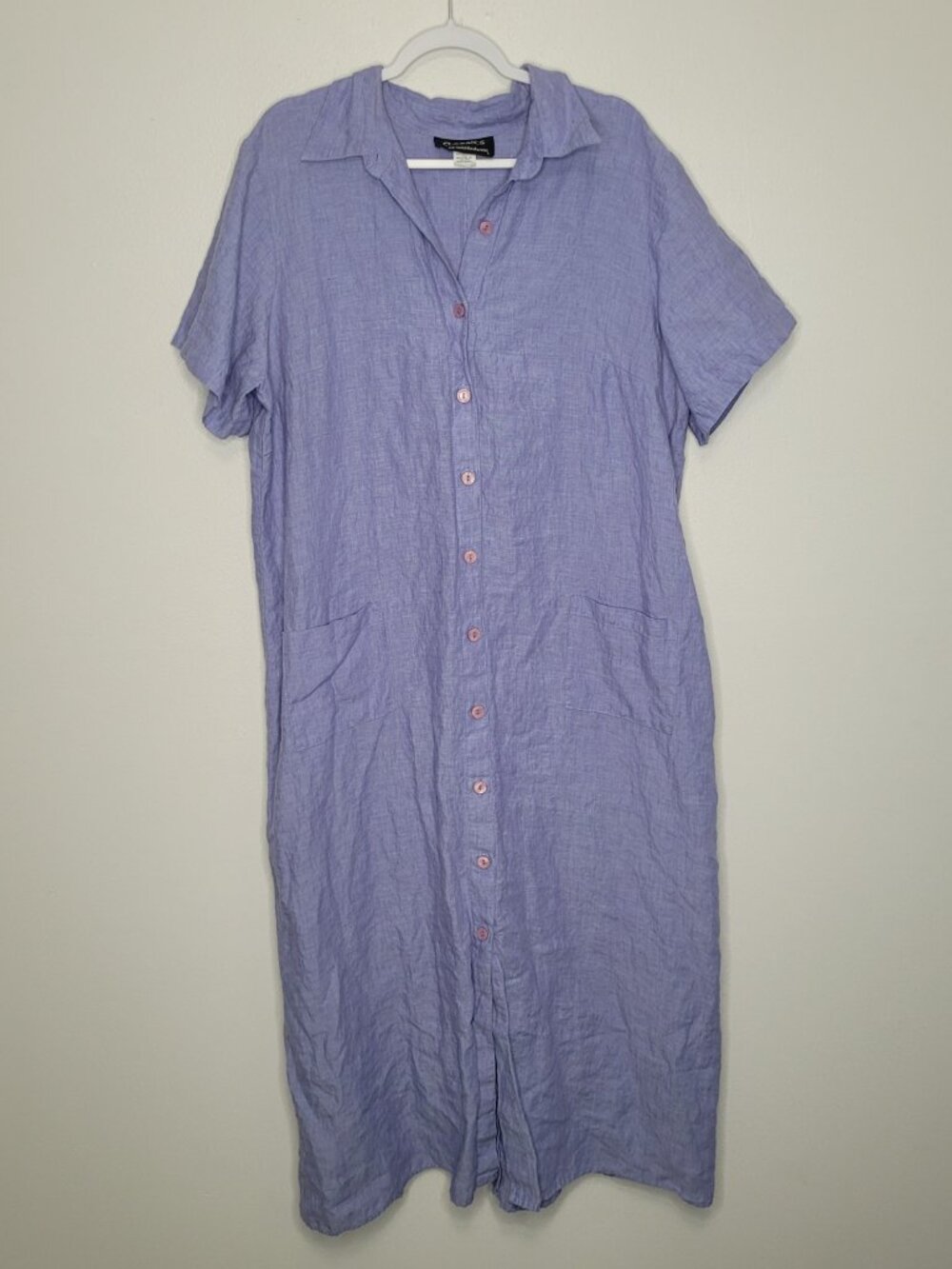 Carol Anderson blue 100% linen button front plus size chore pockets dress